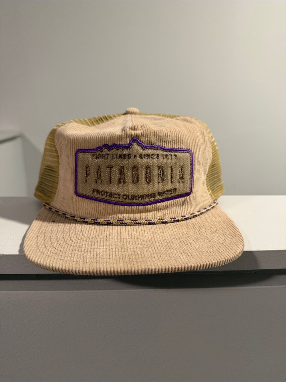 Patagonia Beige and Olive Trucker Hat with Purple Trim